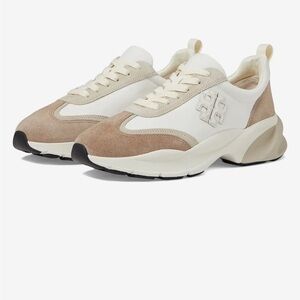 Tory Burch White and Beige Suede-Trim Platform Sneakers